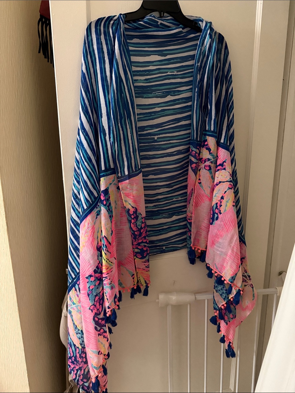 Lilly Pulitzer Blue and Pink Striped & Floral Fringed Wrap Scarf